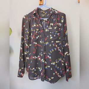 Ann Taylor Petite size XXS Navy w flowers split neck blouse